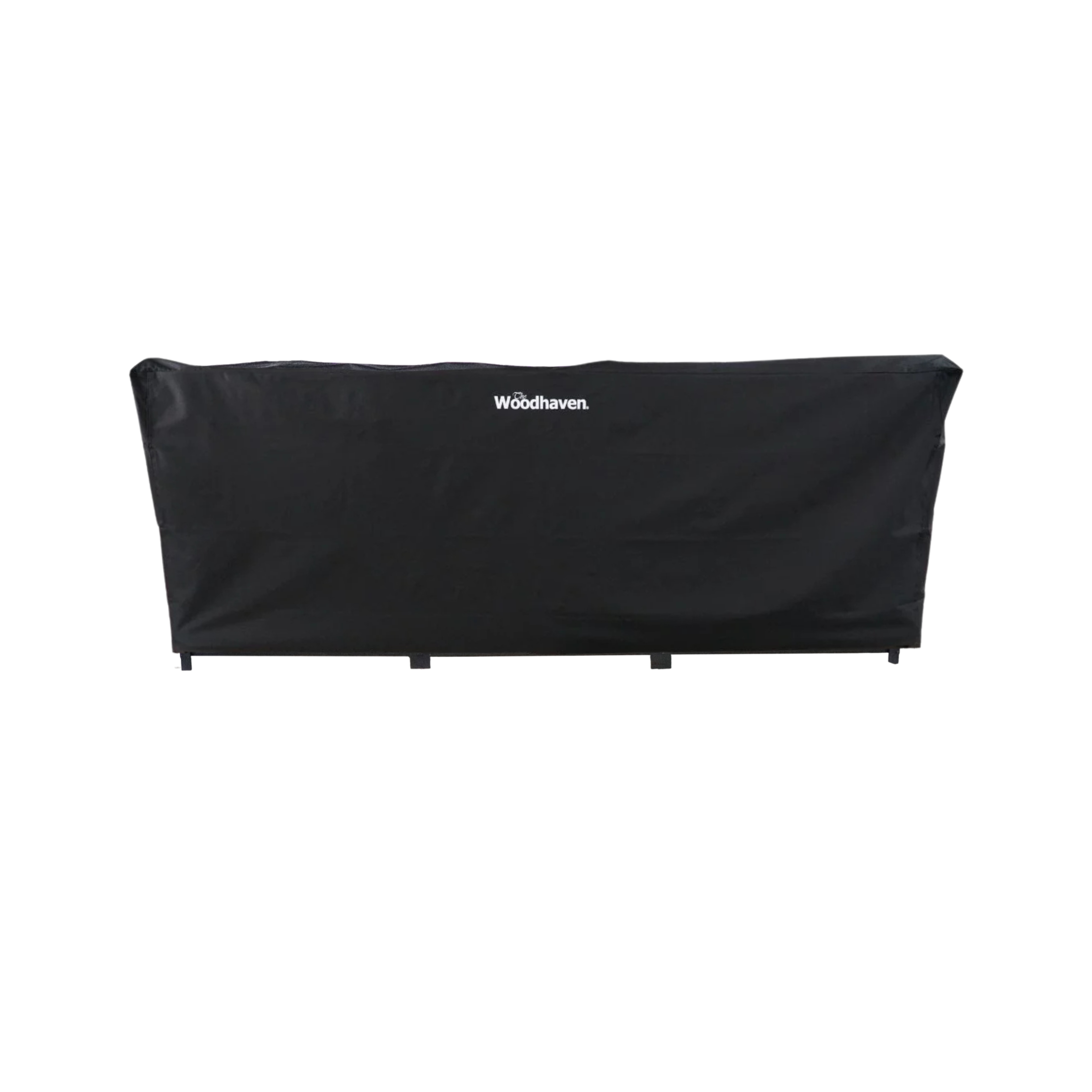 Woodhaven Full Firewood Rack Cover on firewood rack in outdoor setting