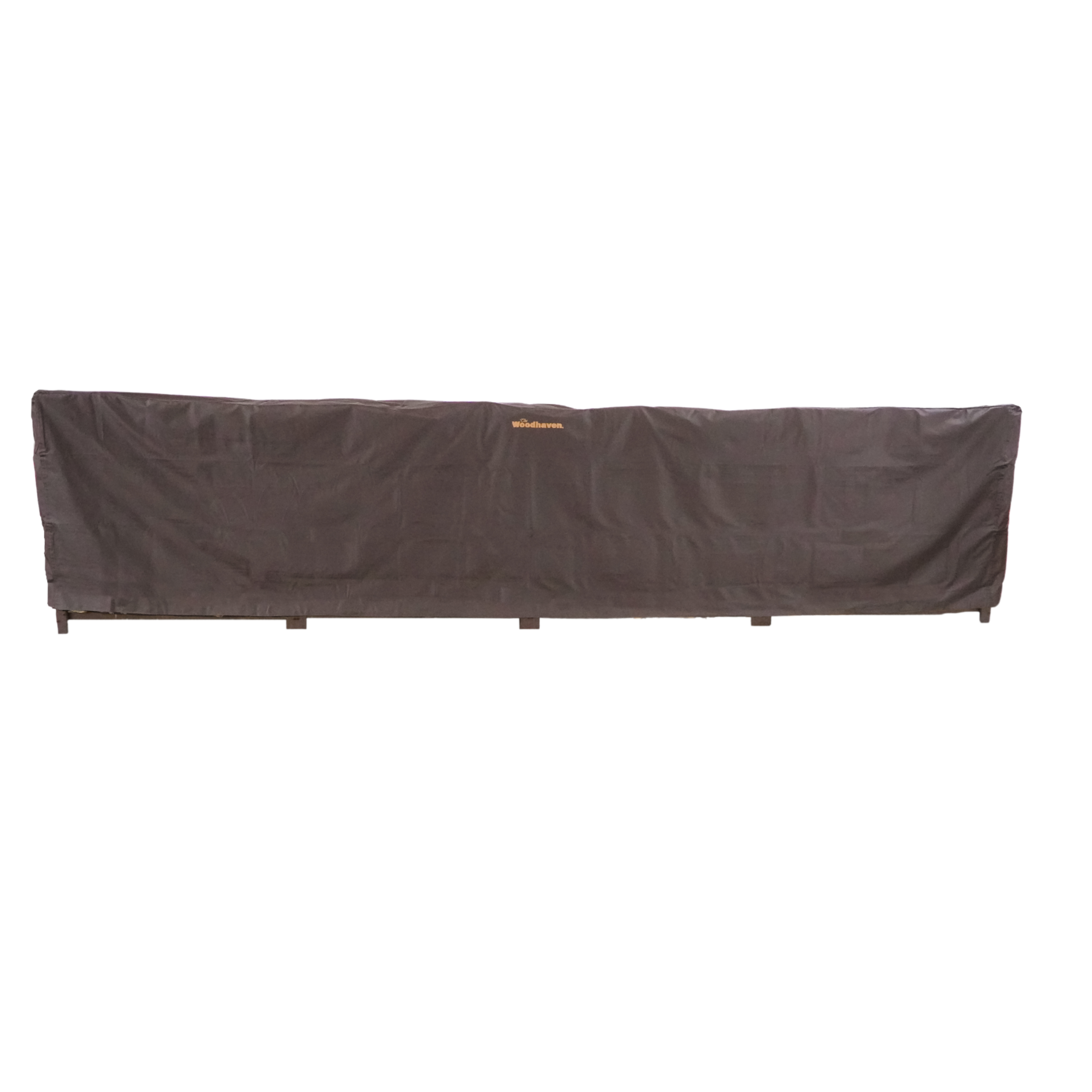Woodhaven Full Firewood Rack Cover on firewood rack in outdoor setting