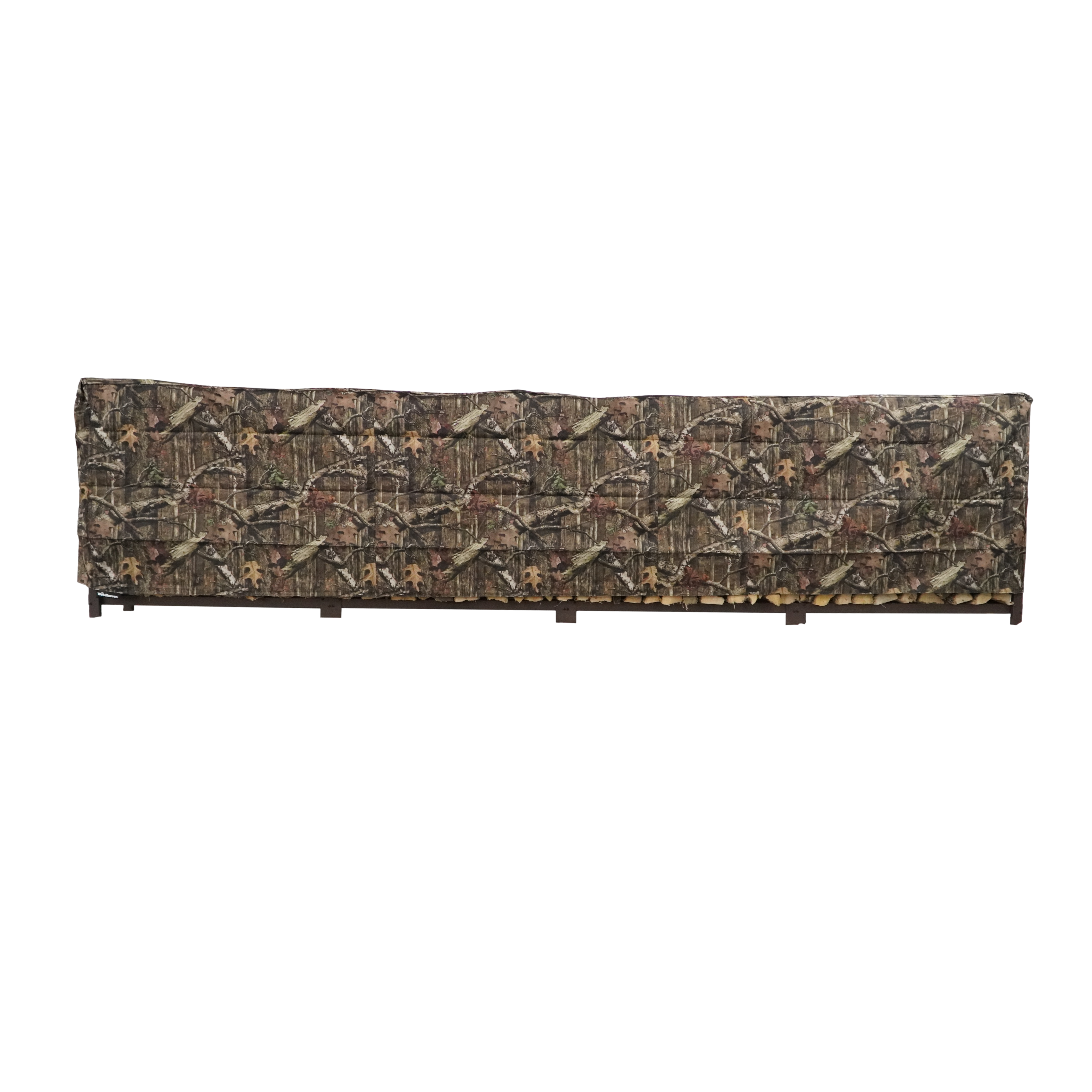 Woodhaven Full Firewood Rack Cover on firewood rack in outdoor setting