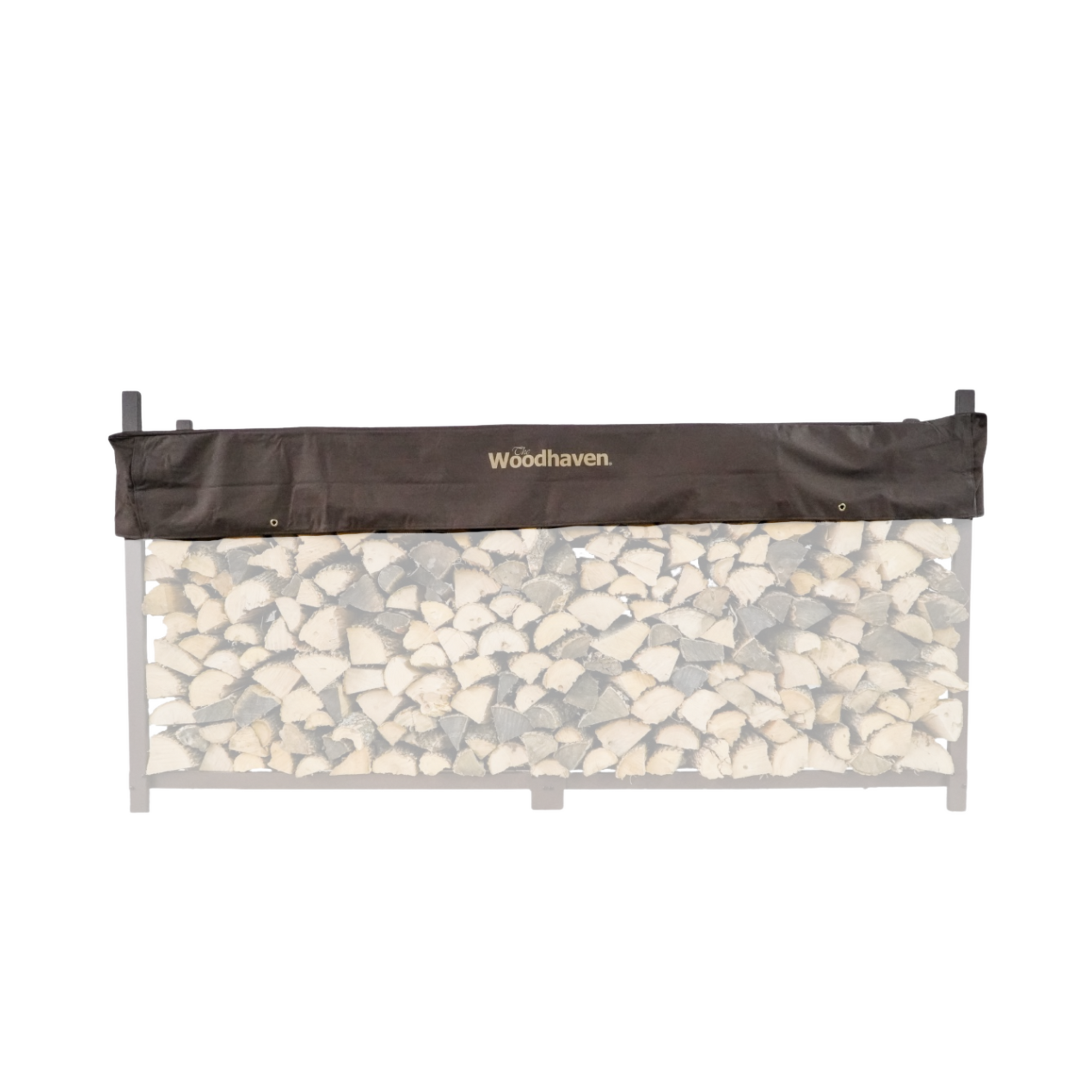Woodhaven Short Firewood Rack Seasoning Cover in black on a firewood rack