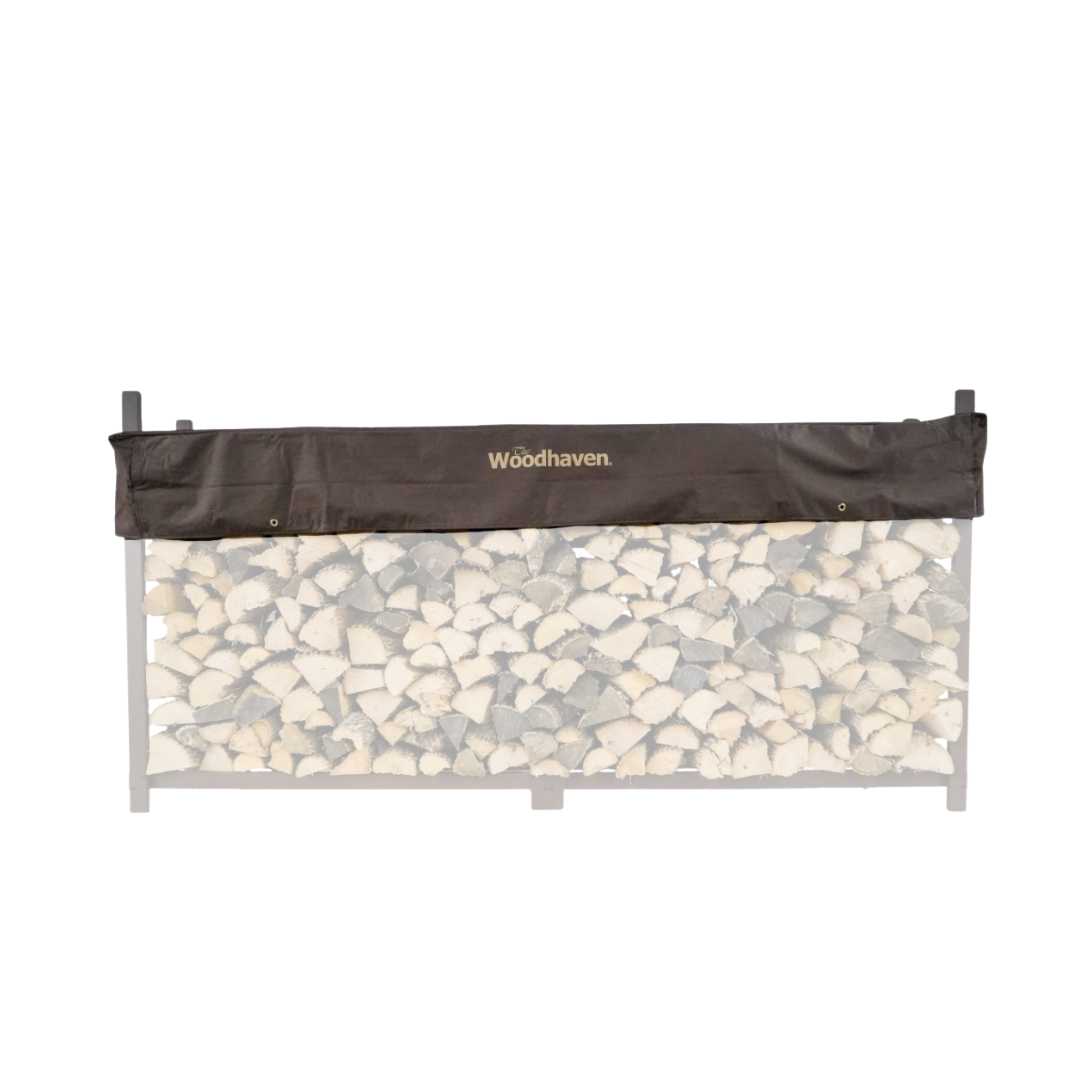 Woodhaven Short Firewood Rack Seasoning Cover in black on a firewood rack