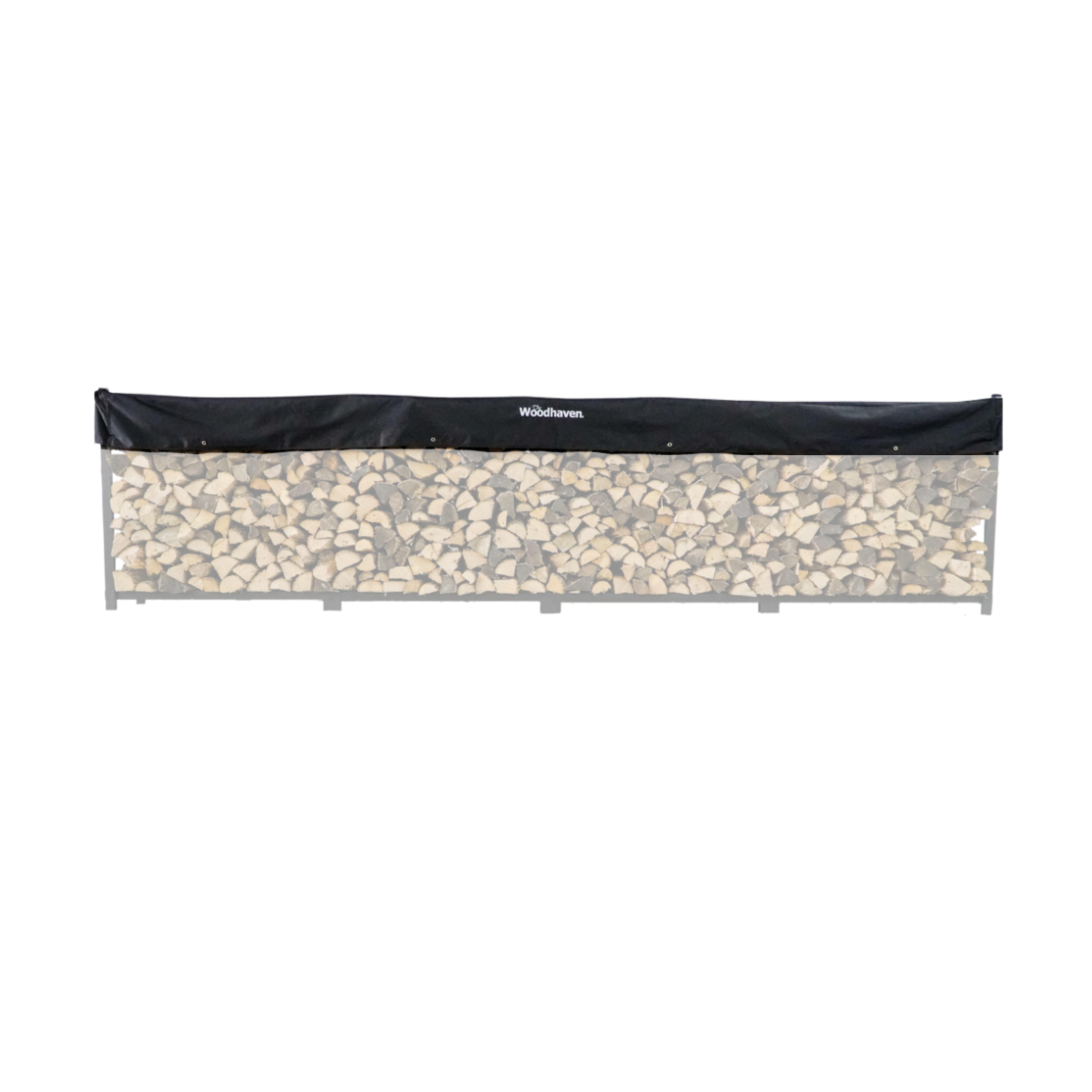 Woodhaven Short Firewood Rack Seasoning Cover in black on a firewood rack