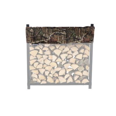 Woodhaven Short Firewood Rack Seasoning Cover in black on a firewood rack