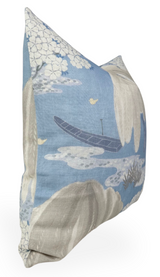 Square pillow with a soft blue background featuring a dark boat, white floral clusters, cream-colored rocks, and small yellow birds in a stylized natural scene.