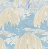 Soft blue fabric featuring a repeating pattern of beige willow trees, white floral clusters, and a small boat on a textured water background.