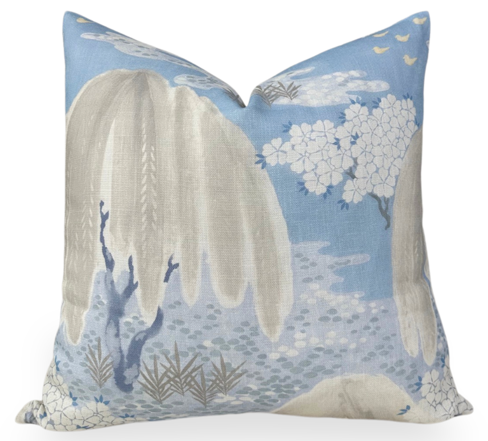 Willow Tree Pillow Cover in Soft Blue displaying floral pattern and ivory linen backing