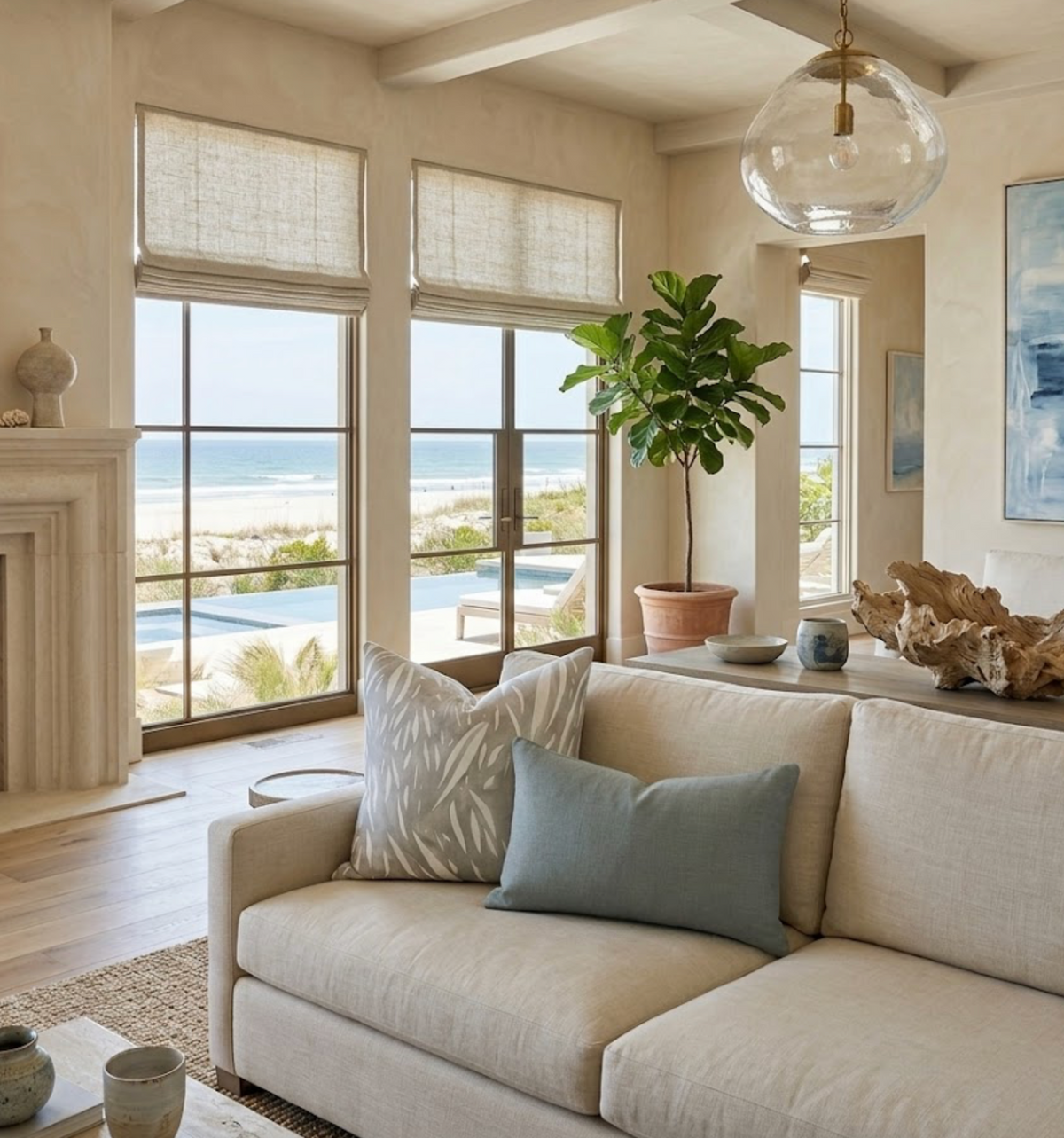 Neutral-toned living room with light beige sofa featuring a grey patterned pillow and a solid grey pillow, large windows with ocean view, and a glass pendant light.