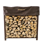 Woodhaven 3 ft Firewood Rack with seasoning cover in black finish holding stacked firewood