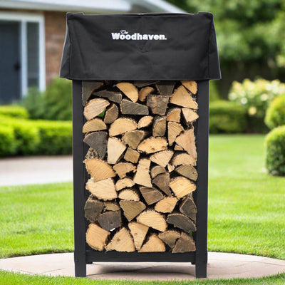 Woodhaven 4 ft tall by 2 ft wide black steel firewood rack with optional cover