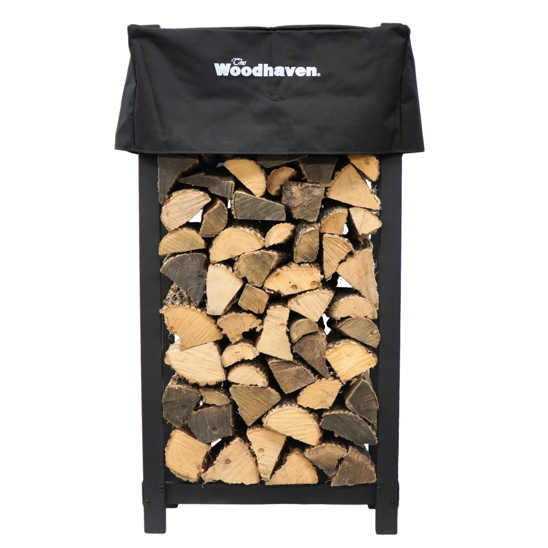 Woodhaven 4 ft tall by 2 ft wide black steel firewood rack with optional cover