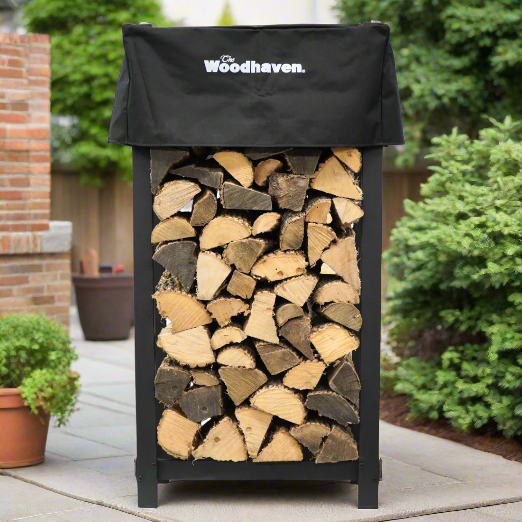 Woodhaven 4 ft tall by 2 ft wide black steel firewood rack with optional cover