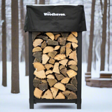 Woodhaven 4 ft tall by 2 ft wide black steel firewood rack with optional cover