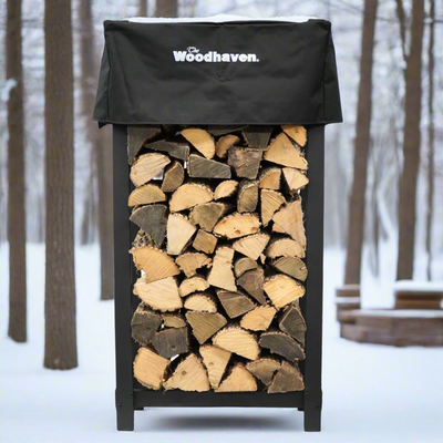 Woodhaven 4 ft tall by 2 ft wide black steel firewood rack with optional cover