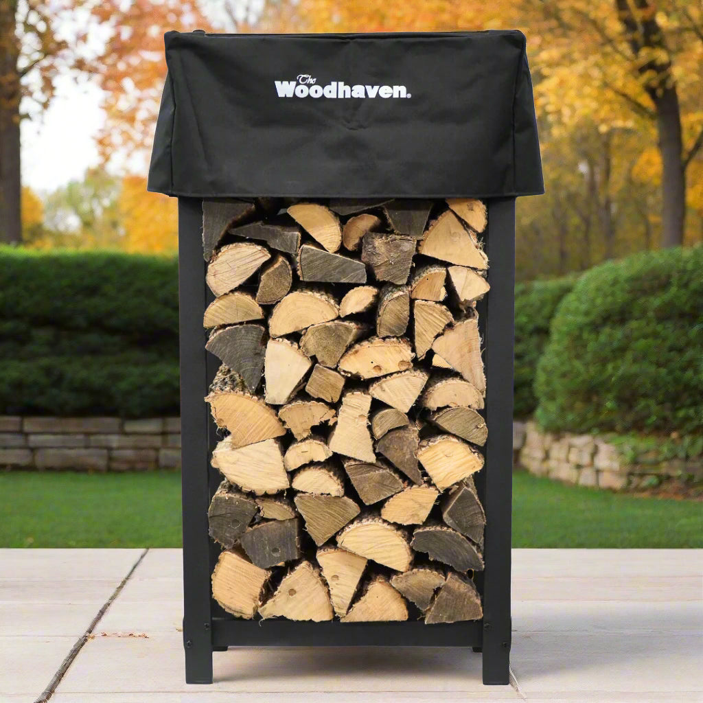 Woodhaven 4 ft tall by 2 ft wide black steel firewood rack with optional cover