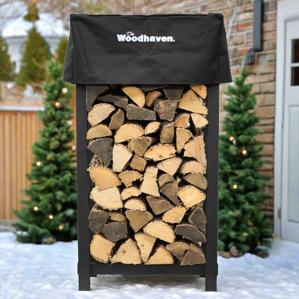 Woodhaven 4 ft tall by 2 ft wide black steel firewood rack with optional cover