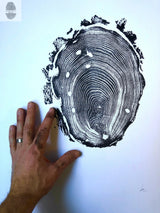 Walden Pond Print showing an 18x24 locust tree ring woodcut artwork by Erik Linton