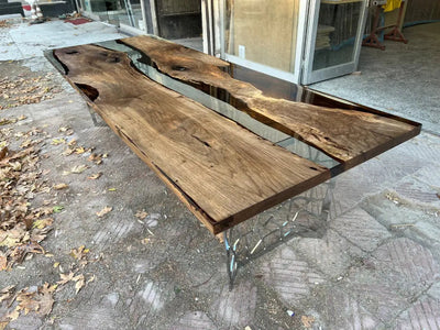 Resin Walnut River Dining Room Table with Voronoi epoxy resin river and laser-cut metal legs