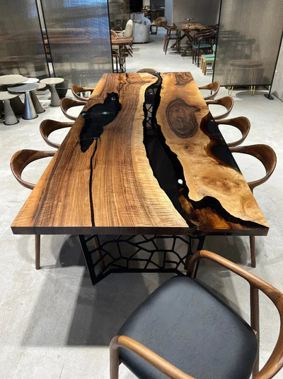 Resin Walnut River Dining Room Table with Voronoi epoxy resin river and laser-cut metal legs
