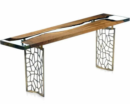 Walnut wood and resin sofa and entry console table with metal legs from Voronoi collection