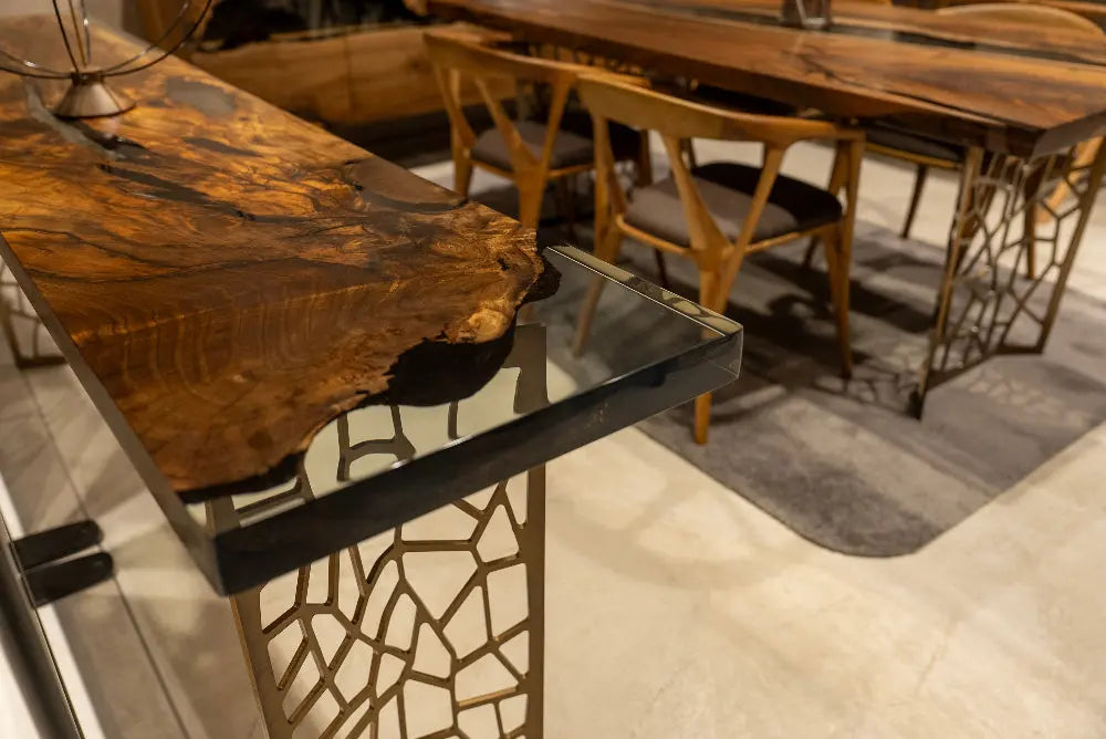 Walnut wood and resin sofa and entry console table with metal legs from Voronoi collection
