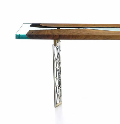 Walnut wood and resin sofa and entry console table with metal legs from Voronoi collection