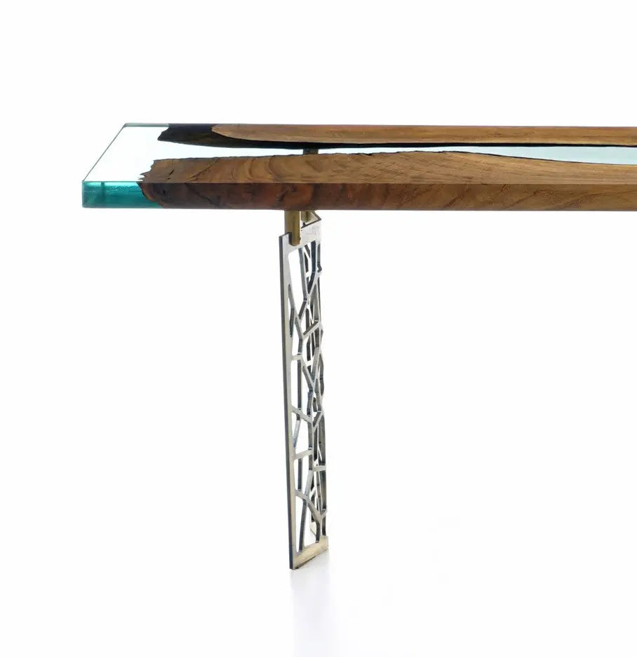 Walnut wood and resin sofa and entry console table with metal legs from Voronoi collection