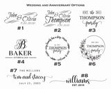 Eight wedding and anniversary name styles featuring elegant, cursive and serif fonts with decorative flourishes, dates, and floral circular and linear designs in black on white.