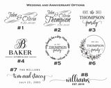 Eight wedding and anniversary text design options featuring elegant fonts, floral wreaths, and family name styles with dates from 2003 to 2020.