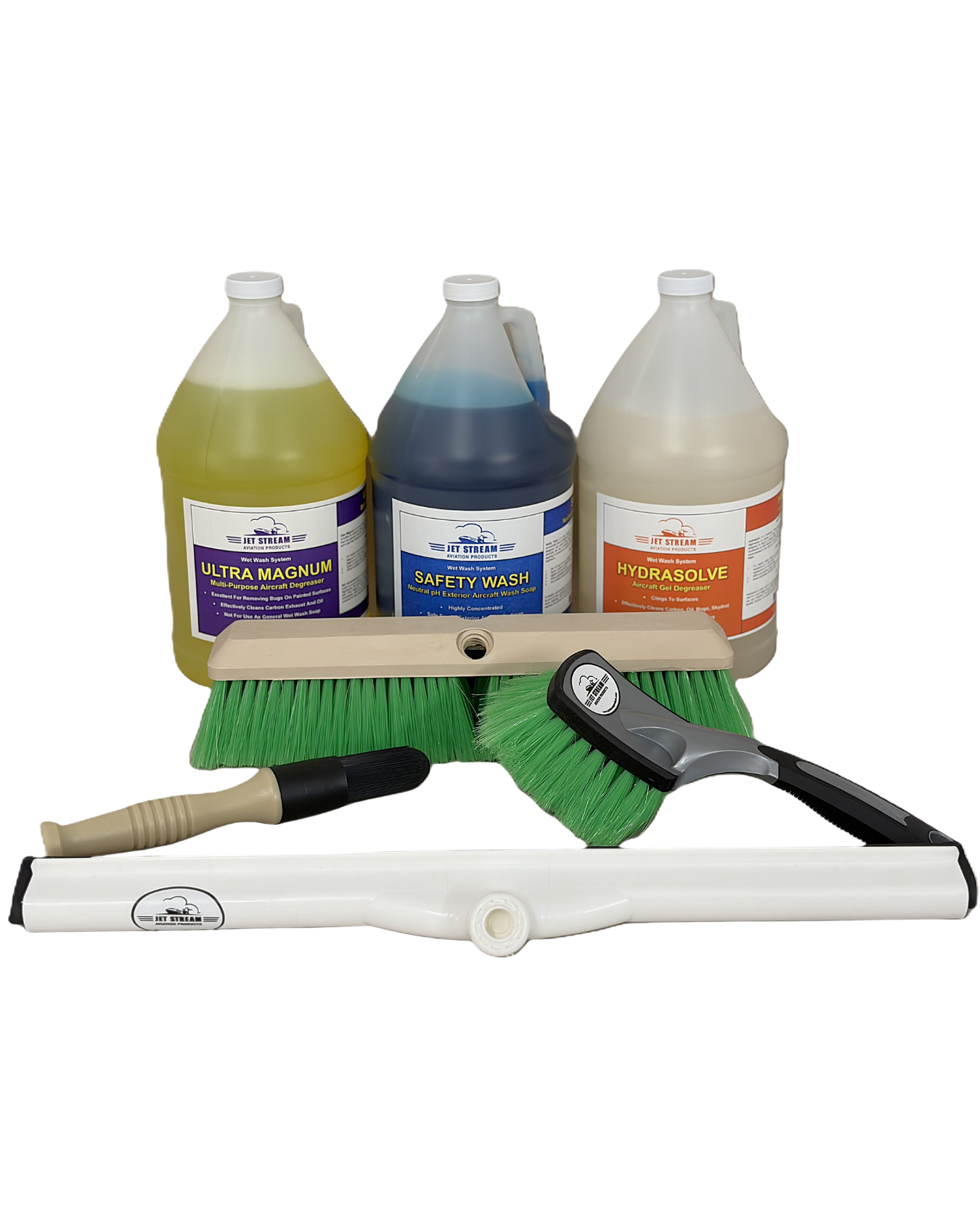 Wet Wash Kit 2 components laid out including gallon containers of cleaners and various brushes with squeegee