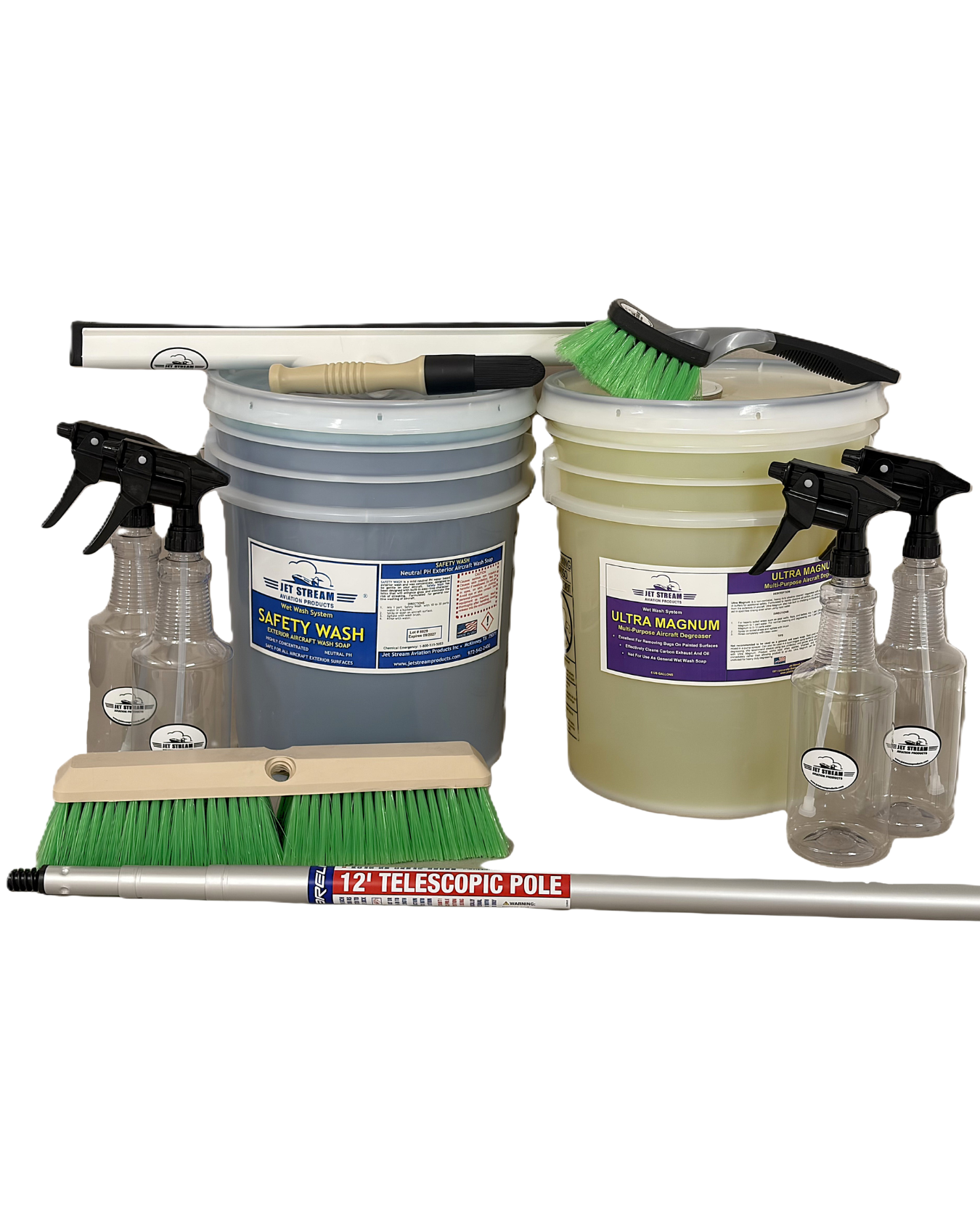Wet Wash Kit 1 showing cleaning pails, brushes, squeegee, and telescopic pole arranged on a grey surface