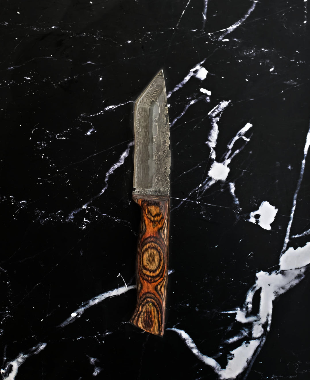 Custom 9 inch tactical Tanto knife with carved diamond wood handle and twist pattern Damascus steel blade