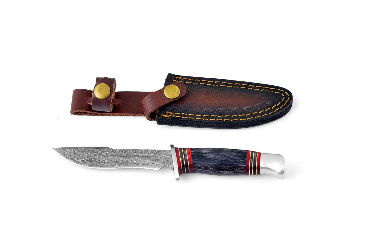 Damascus Steel Utility & Camping Knife TK-163 showing detailed wave-like blade pattern and ergonomic handle
