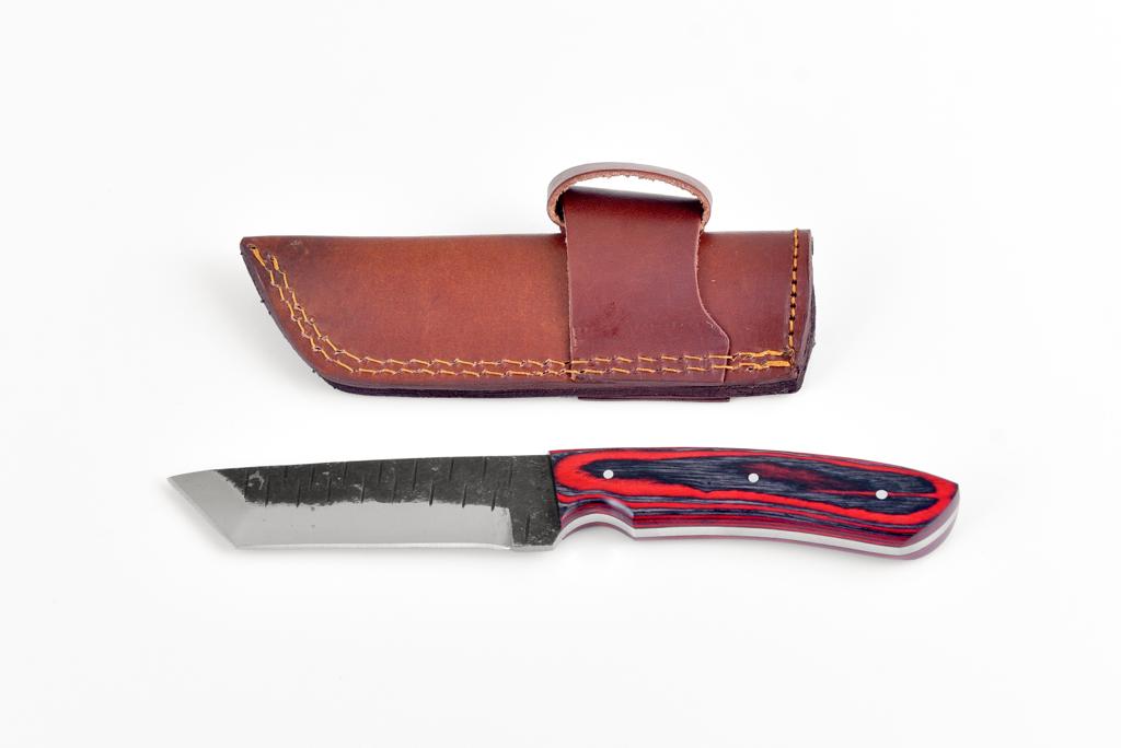 Carbon Steel Tanto Utility Knife TC-103 with diamond wood handle and 4-inch blade