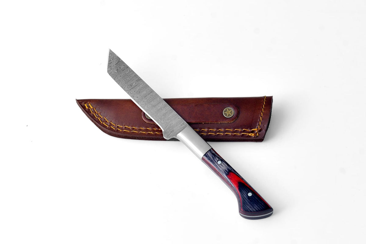 Ethereal Tanto Slim Design Blade with Diamond Wood handle scales and Damascus tanto blade
