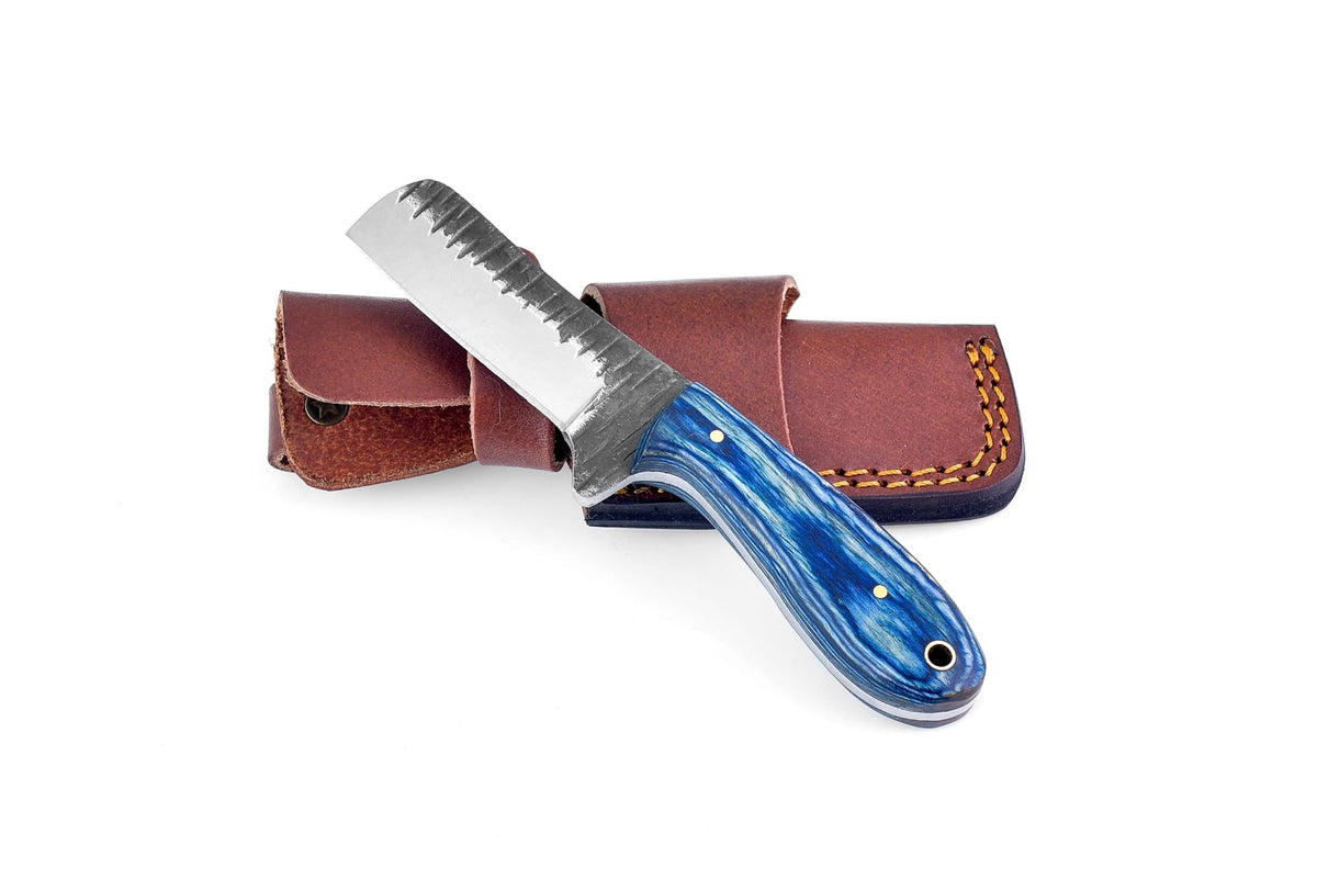 Carbon Steel Bull Knife TK-094 with diamond wood dyed blue blade and wooden handle