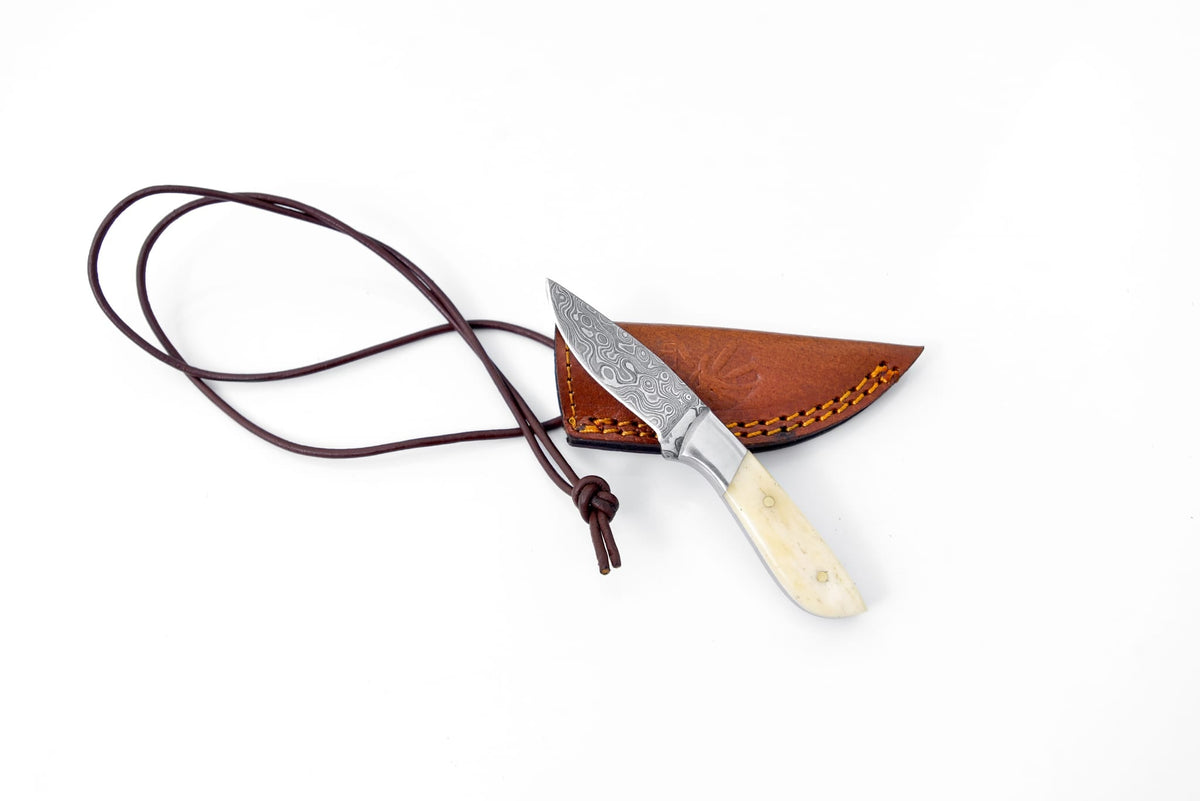 Two images of Damascus Steel Neck Knives TK-093 showing blade and handle details