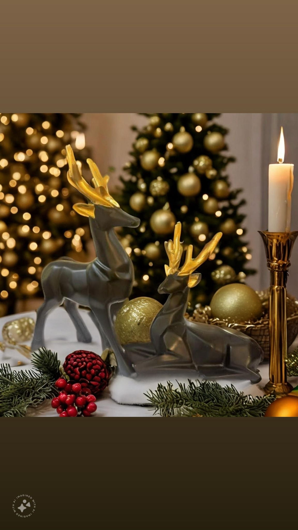 Two black deer figurines with gold antlers, one standing and one reclining, surrounded by gold ornaments, greenery, red berries, and a lit candle in a gold holder.
