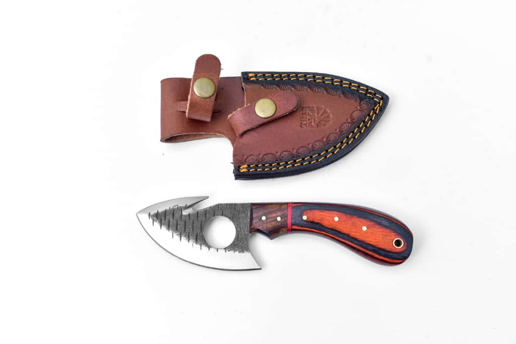 Handcrafted gut hook skinner knife with exotic wood handle and leather sheath