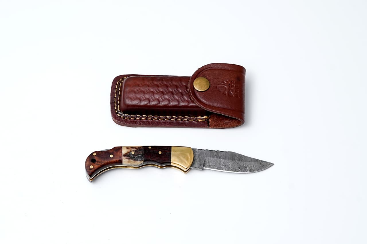 Pocket Knife Walnut Wood & Stag 6.5'' Damascus Steel Knife Steel Bolster Back Lock Folding Knife TF-019 by Titan