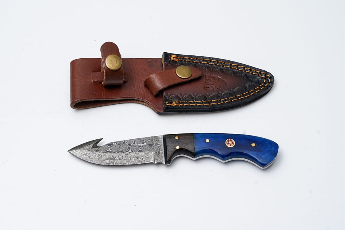 Damascus Skinning gut hook hunting knife with dyed camel bone and walnut wood handle