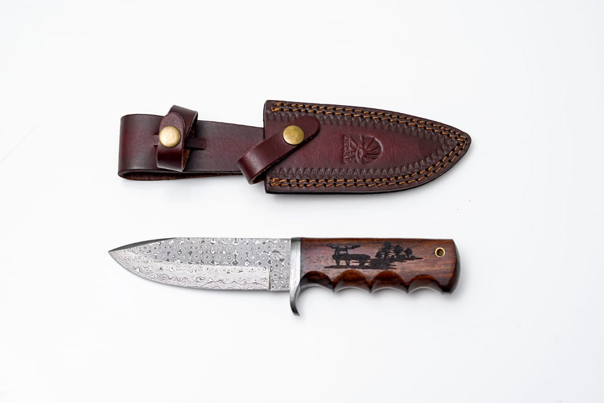 A.3 Damascus Steel Hunting Knife Buck Engraved Walnut Scales TD-710 with engraved rose wood handle and Damascus steel blade