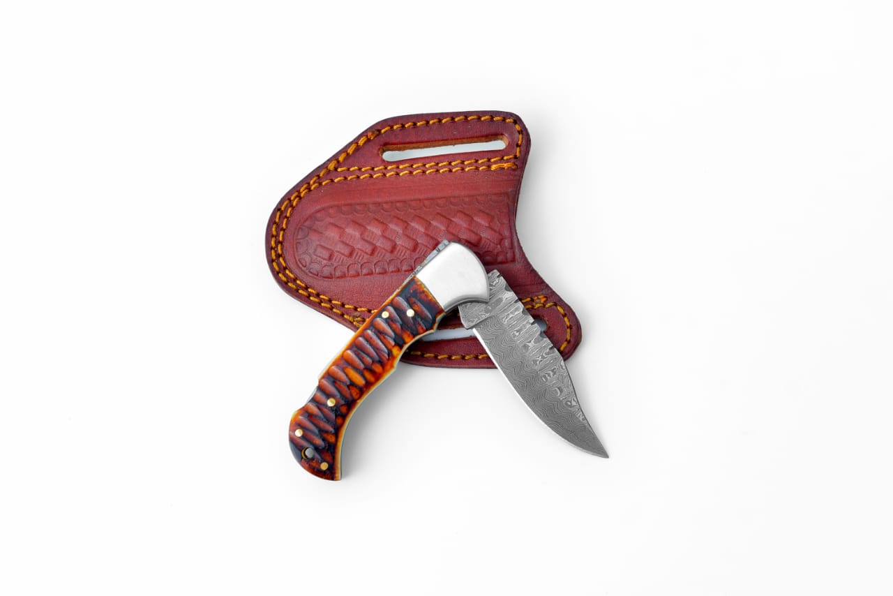 Stag Horn Style Damascus Folding Knife with Leather Sheath - TF-098 detail image - Resin Society