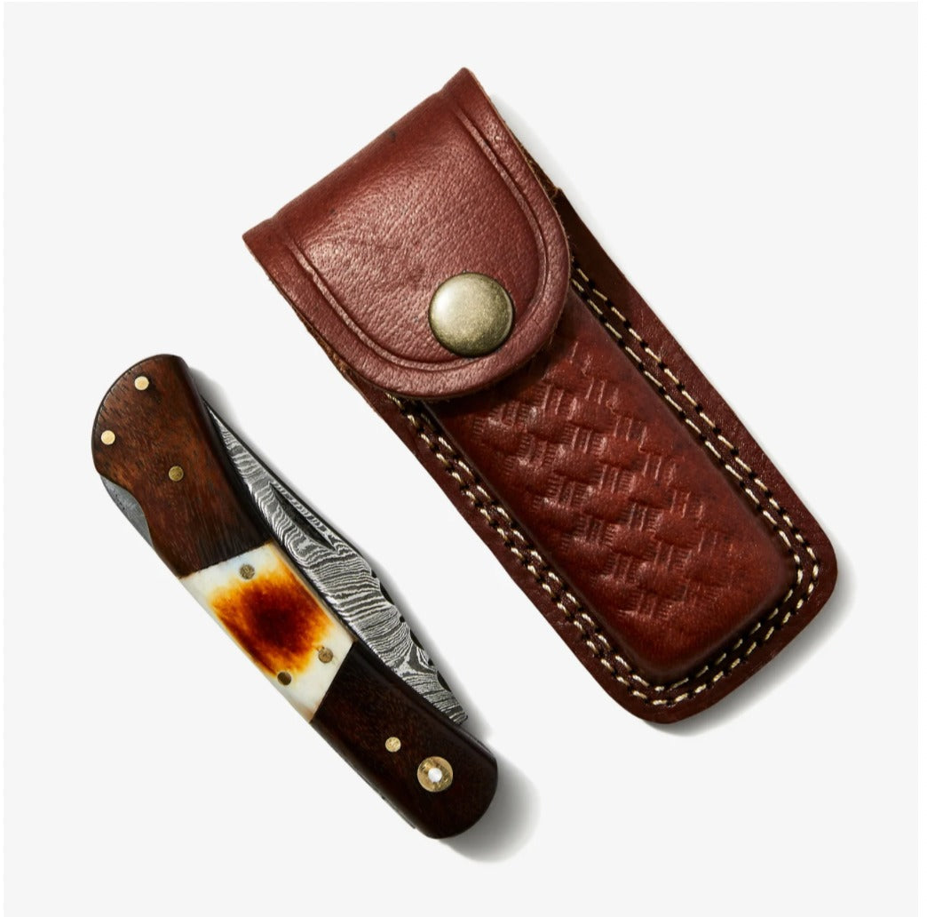 Walnut & Torched Bone Damascus Pocket Knife - TF-092 by Titan International K