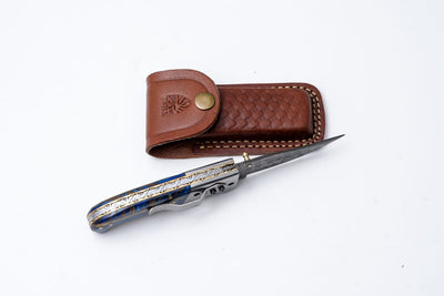 Hand-Engraved Folding Knife with Leather Sheath – Damascus-Inspired Detailing - TF-092