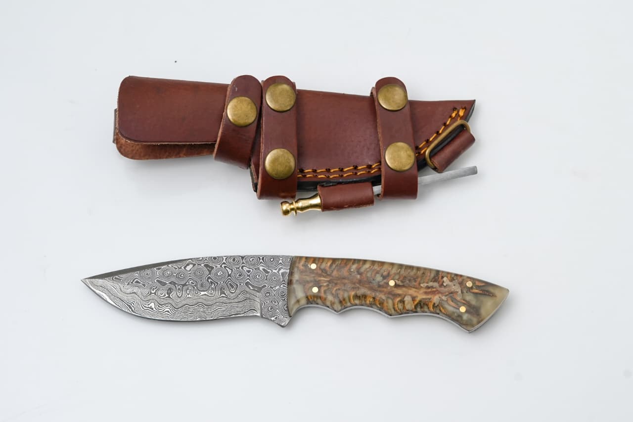 Handmade Damascus Hunting Knife with Resin & Bone Handle - TK-424 by Titan International K