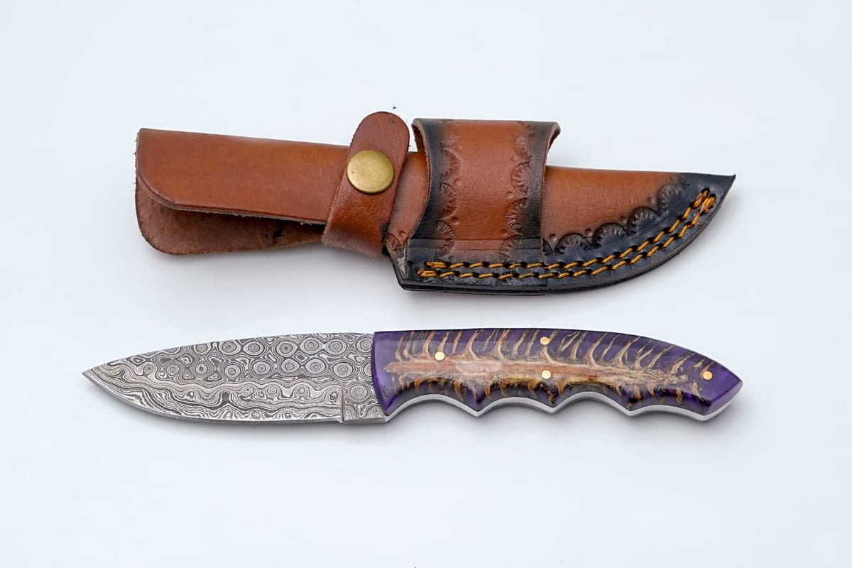 Handmade Damascus Steel Knife with Purple Pine Cone Handle & Leather Sheath TK-428 by Titan International K