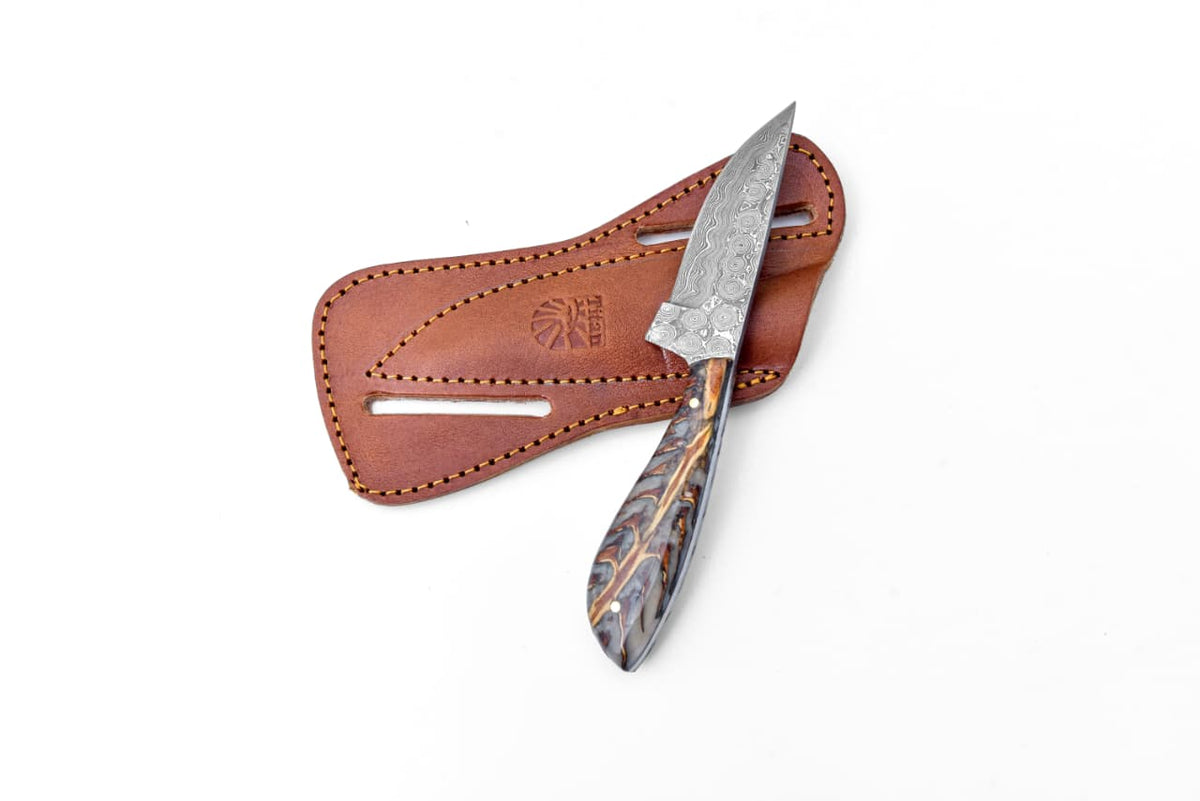 Pine Cone Handle Damascus Skinner Knife TK-436 with stabilized pine cone resin handle and handcrafted leather sheath