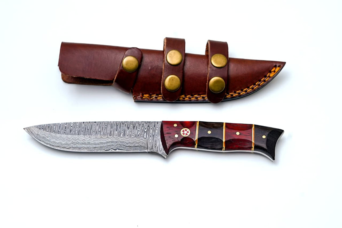 Crimson Horn Damascus Hunting Knife TK-502 displayed on white surface with leather sheath