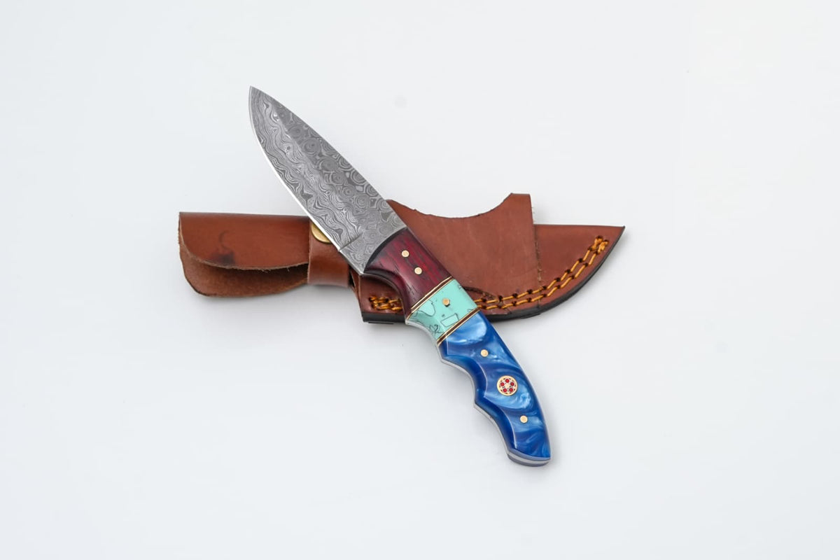 Blue Horizon Damascus Hunting Knife - TK-504 with hand-stitched leather sheath