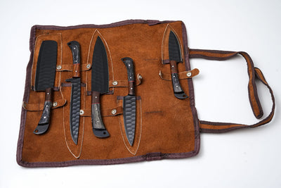 Hand-Forged 5-Piece Kitchen Knife Set | Hammered Black Carbon Steel | Pakkawood & Black WalnutHandles - CK-003 detail